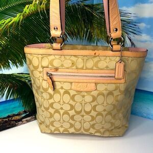 COACH F14693 Penelope Signature Lunch Tote Jacquard Handbag, Pink Tan